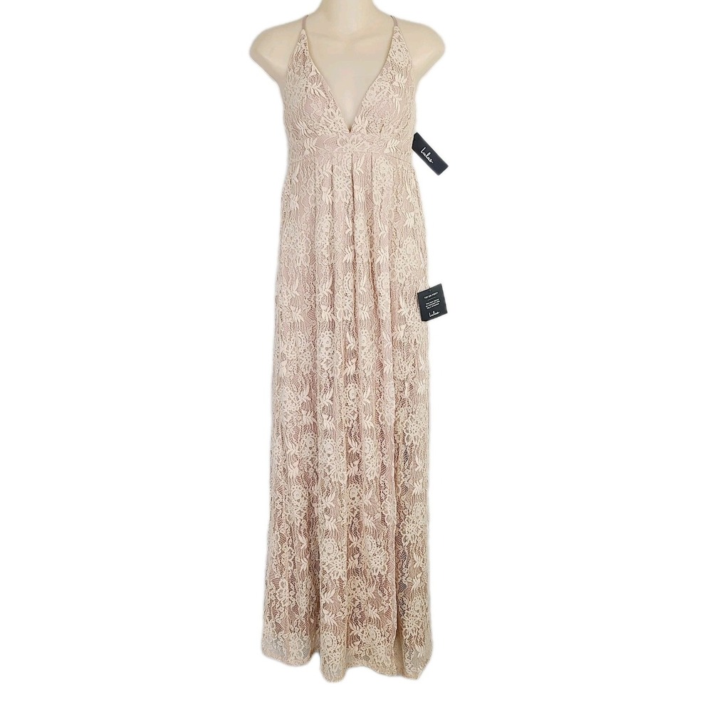 NEW Lulus Faux Wrap Maxi Dress XS Beige Lace Plunge Cross Back V-Neck Formal‎